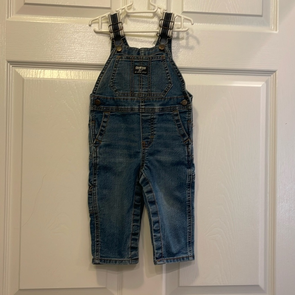 Infant Boys Osh Kosh VestBak Blue Overall pants Striped Straps 12 mts euc